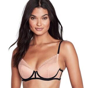 Victoria’s Secret Luxe Pink Demure Foil Lined Fishnet Plunge Underwire Bra 32 D